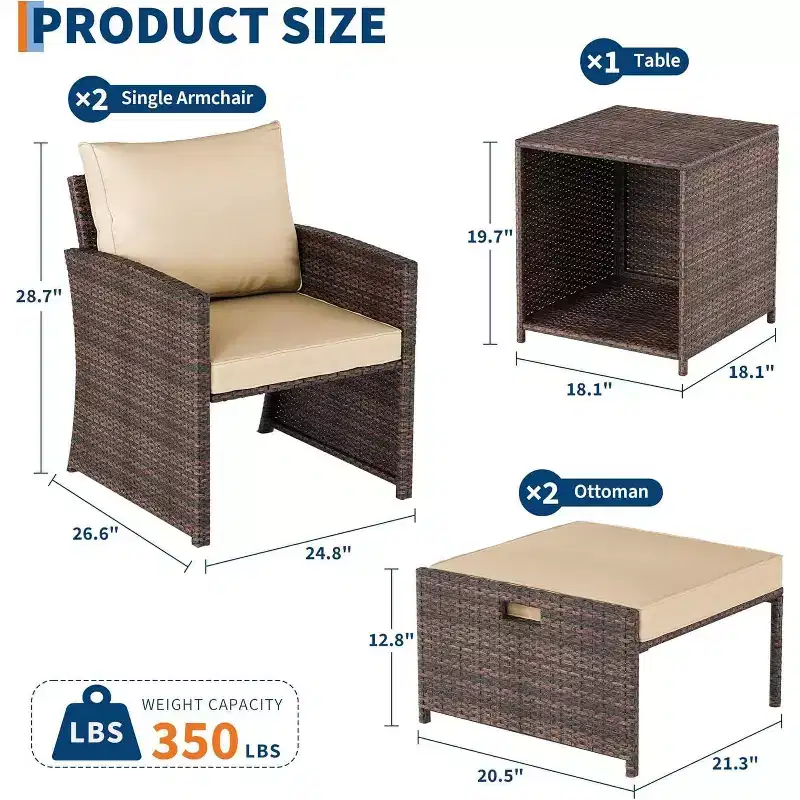 Acekool 5 Piece Balcony Patio Set Brown Rattan Armchairs with Soft Cushions 2 Hidden Ottomans and Glass Storage Table for Porch Lawn Deck