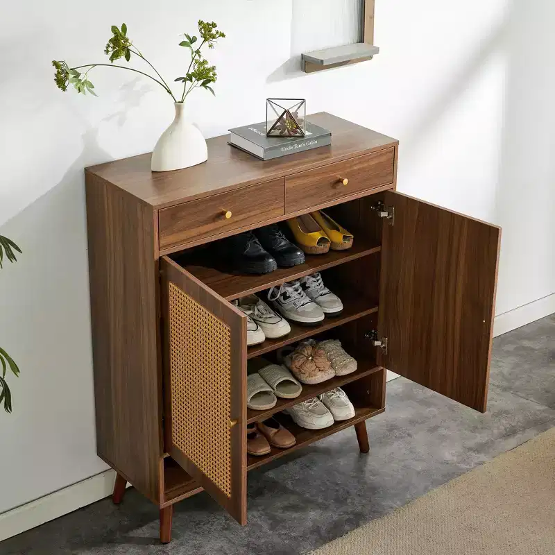Okak Mid-Century Wood-Colored Rattan Design Shoe Cabinet SideBoard with Doors & Drawers,Freestanding Shoe Rack for Foyer,Entrances