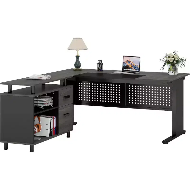 Tribesigns L-Shaped Office Desk, 62.99 Executive Desk with File Cabinet