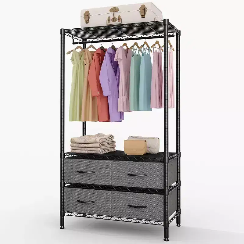 Freestanding Heavy-Duty Clothes Rack with 4 Fabric Drawers, Adjustable Shelves & Hanging Rod, Space-Saving Garment Organizer, 71.5 H