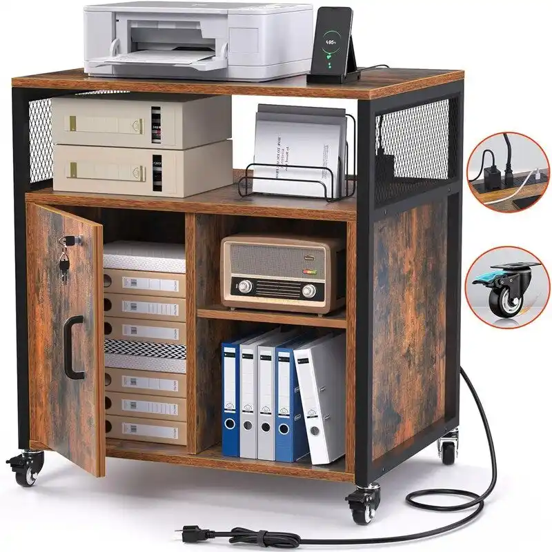 Rolling Filing Cabinet with Lock and Charging Ports