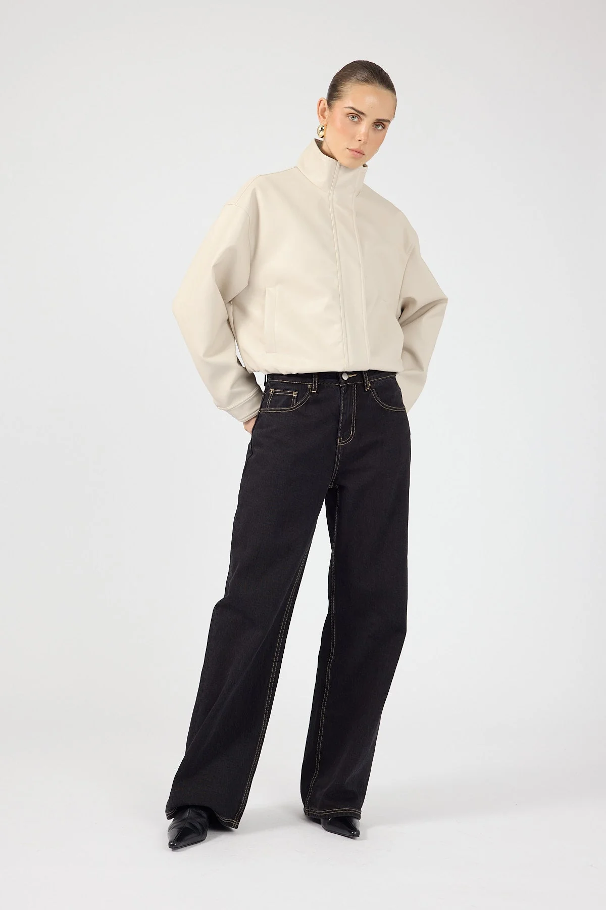 Funnel Neck Faux Leather Bomber Jacket Stone