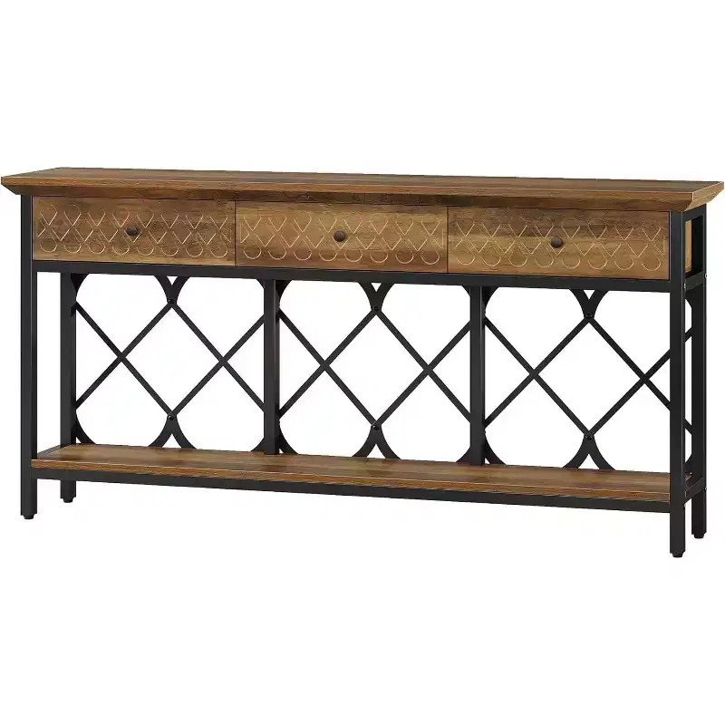 70.86 Extra Long Console Sofa Table with 3 Drawers, Industrial 2-Tier Narrow Entryway Table for Living Room, Hallway