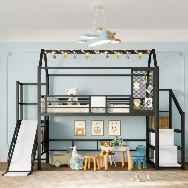 Twin House Loft Bed with Slide & Stairs – Black, Metal, 1 Child