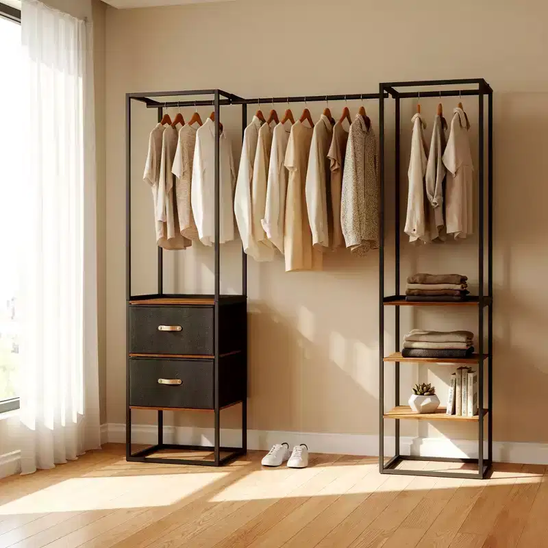 Freestanding Closet Heavy Duty Garment Rack 70.9 Inch Clothes Rack with 1 Extendable Hanging Rod, 2 Drawers, and 4 Shelves, Rustic Brown