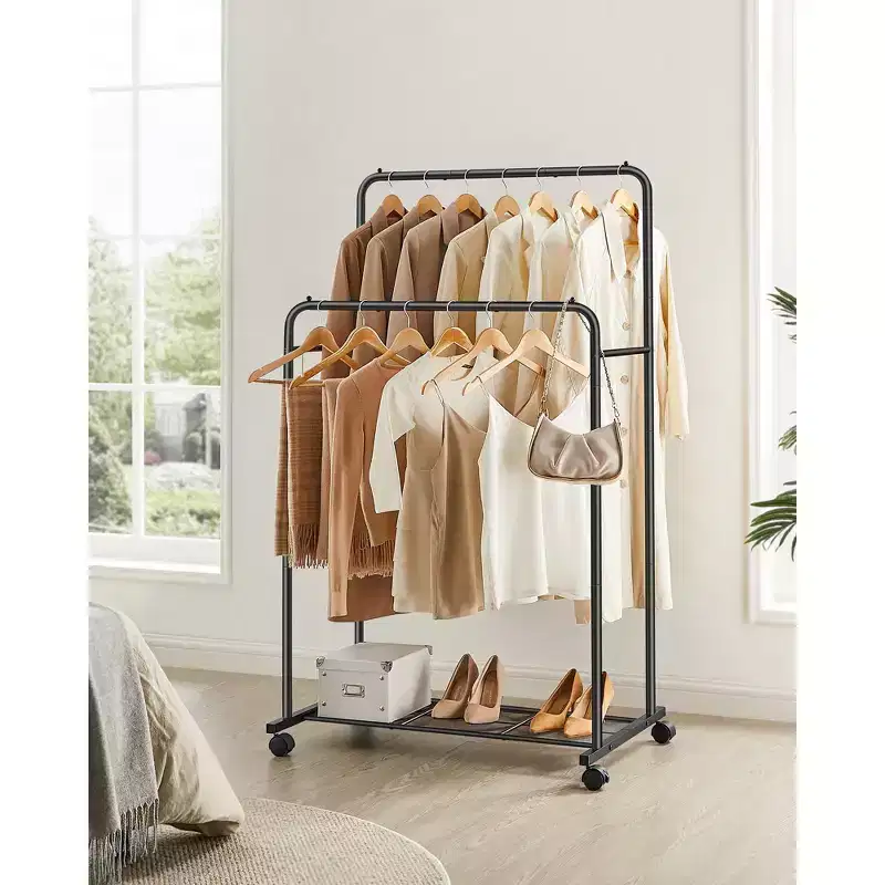 Double - Rod Clothes Rack with Wheels - Heavy - Duty, 2 Brakes, Mesh Storage Shelf. Each Top Rail Holds 77 lb, Ideal for Hanging Clothes
