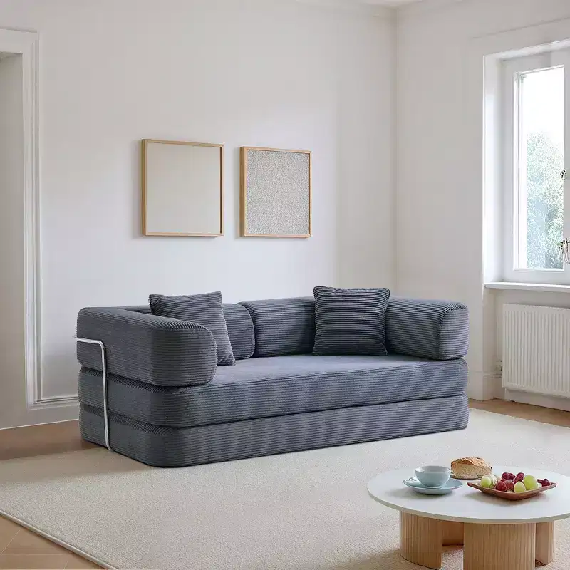 Convertible Floor Sofa Bed Loveseats with Blanket & Pillows, Corduroy Fabric Futon Couch for Living Room, Apartments