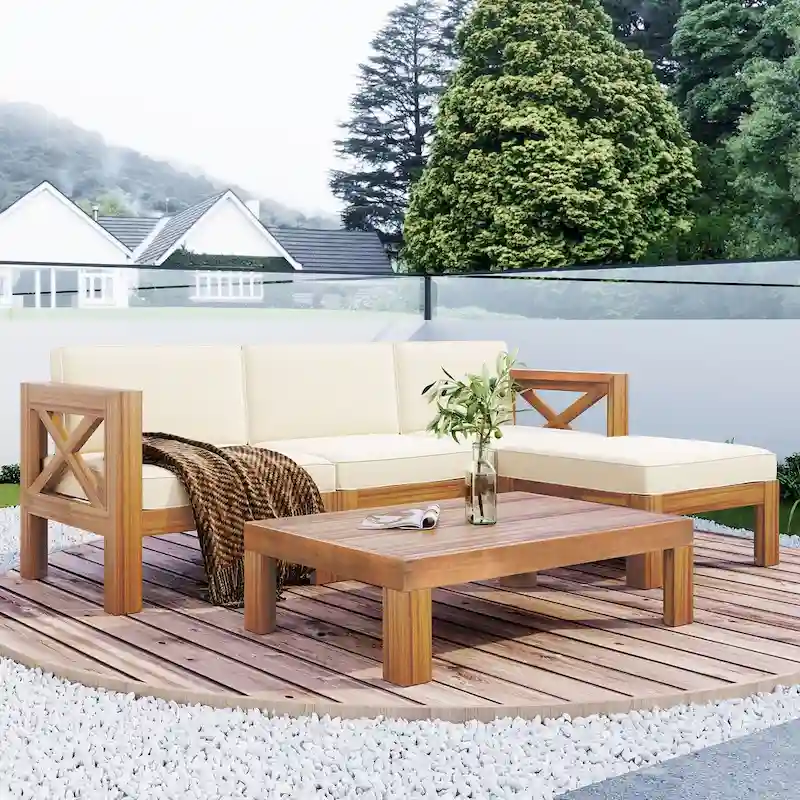 Natural Acacia Wood 5-Piece Outdoor Sectional Sofa Set with Water-resistant Fabric