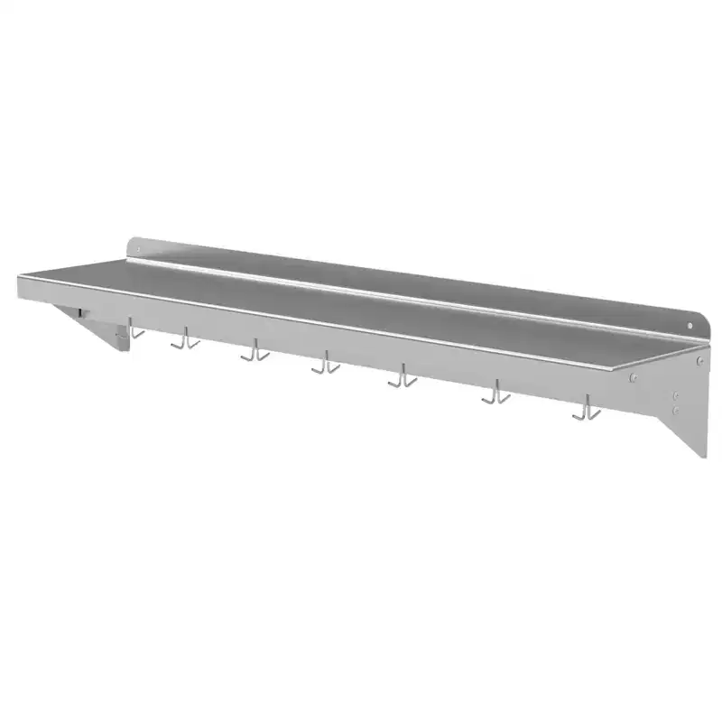 Floating Shelf with Backsplash and Hooks, Stainless Steel Wall Rack for Kitchen Organization, NSF Certified