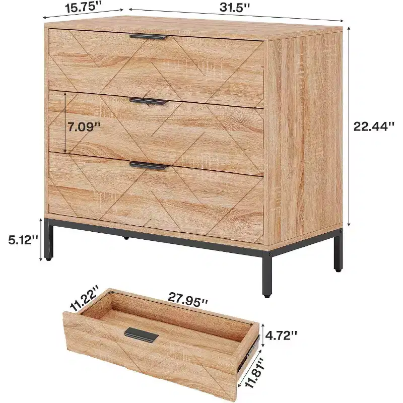 Lantine Wooden Nightstand with 3 Drawers, 31 Wide Night Stand with Metal Legs, Modern Large Bedside End Table for Bedroom, Living Room