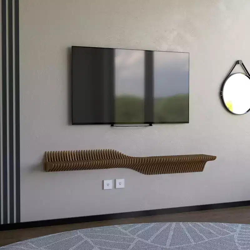 60-Inch Parametric Floating Shelf TV Unit – 3D Wavy Geometric Natural Oak