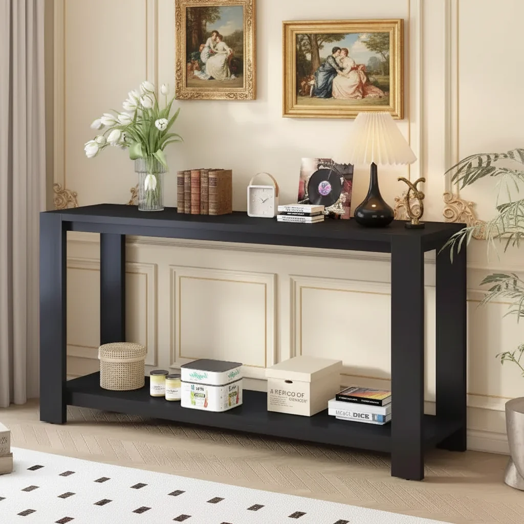 Minimalist Console Table with Bottom Shelf and Four Legsideal for entryway, hallway, living room,or corridor with distinctive features. Black