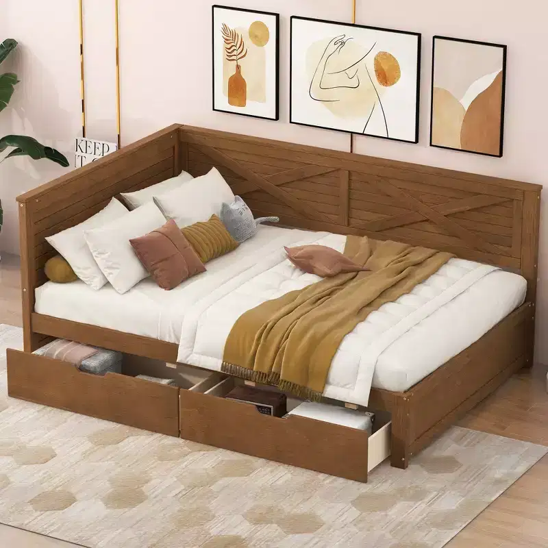 Twin Size Daybed with Trundle/2 Drawers and Rustic Guardrail, Grey/Brown-ModernLuxe