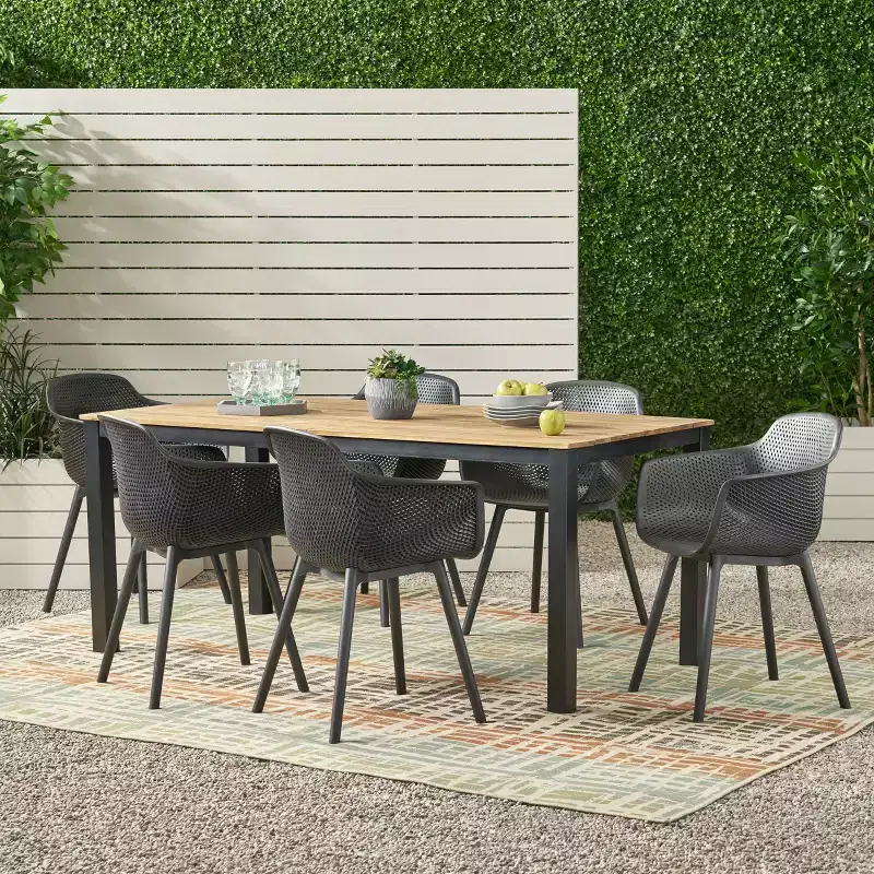 Christopher Knight Home Palmilla Outdoor Resin and Acacia Wood 7 Piece Dining Set, Black and Teak