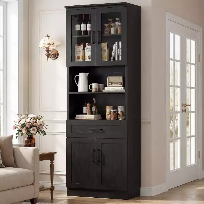 Black/White Farmhouse Tall Pantry Cabinet with Glass Doors & Drawer, 1-Person Assembly