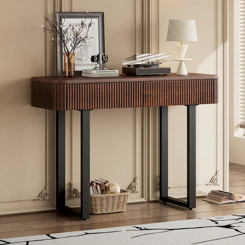 Solid Wood Entryway Table with Fluted Design,Honey and Black