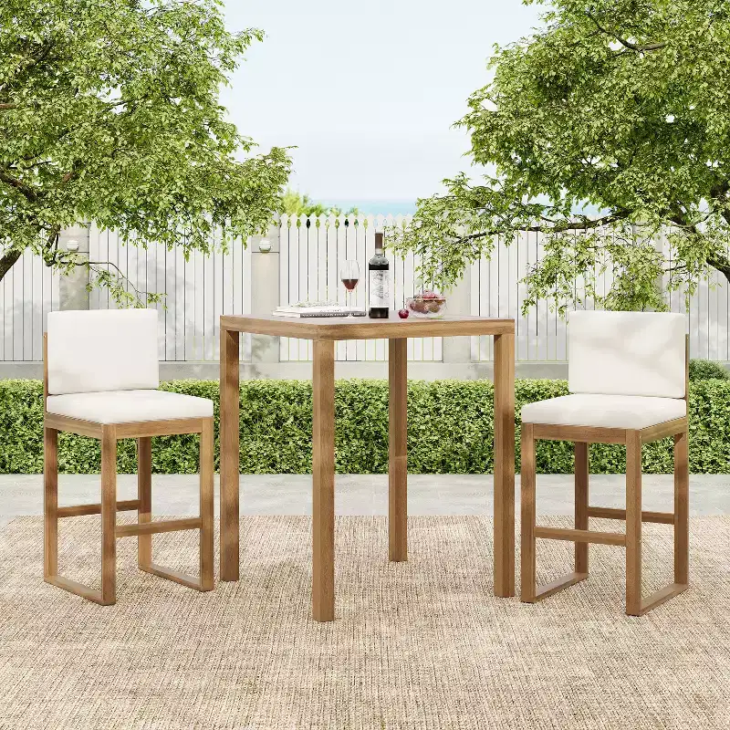 Christopher Knight Home Goleta 3 Piece Outdoor Acacia Wood Bar Set with Water-Resistant Cushions