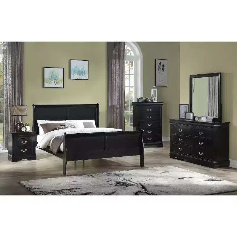 Okak 62 Queen Sleigh Bed Solid Wood Youth Bed Frame with Headboard/Footboard, Low Profile Safe Design for Kids Room, Black