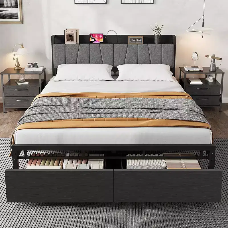 Full Size Bed Frame with Storage Drawers, Platform Bed with Upholstered Headboard, Metal Slats Support, No Box Spring Needed Black