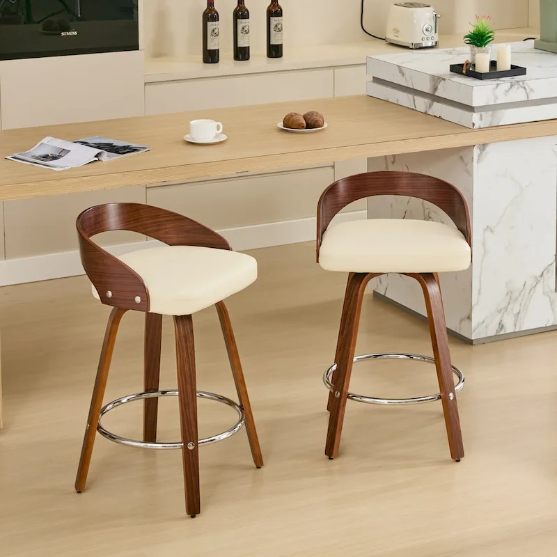 Beige Swivel Bar Stool with Low Back, Faux Leather Seat, Set of 2