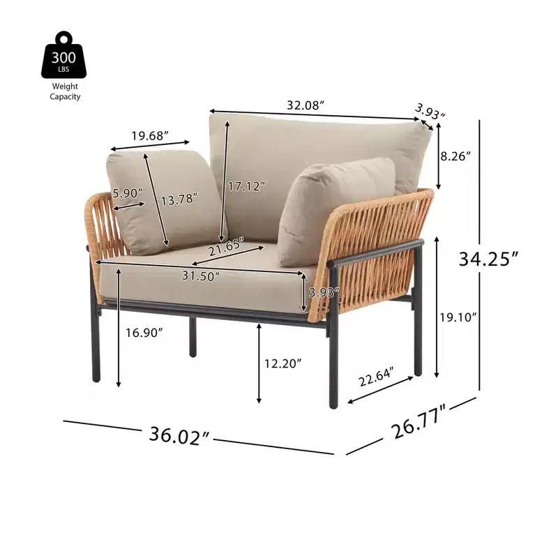 36W Patio Accent Chair Lounge Chair Arm Chair with Cushions, Pillows and Stylish Rope-Weave Design, Iron, Beige+Grey/Natural-ModernLuxe