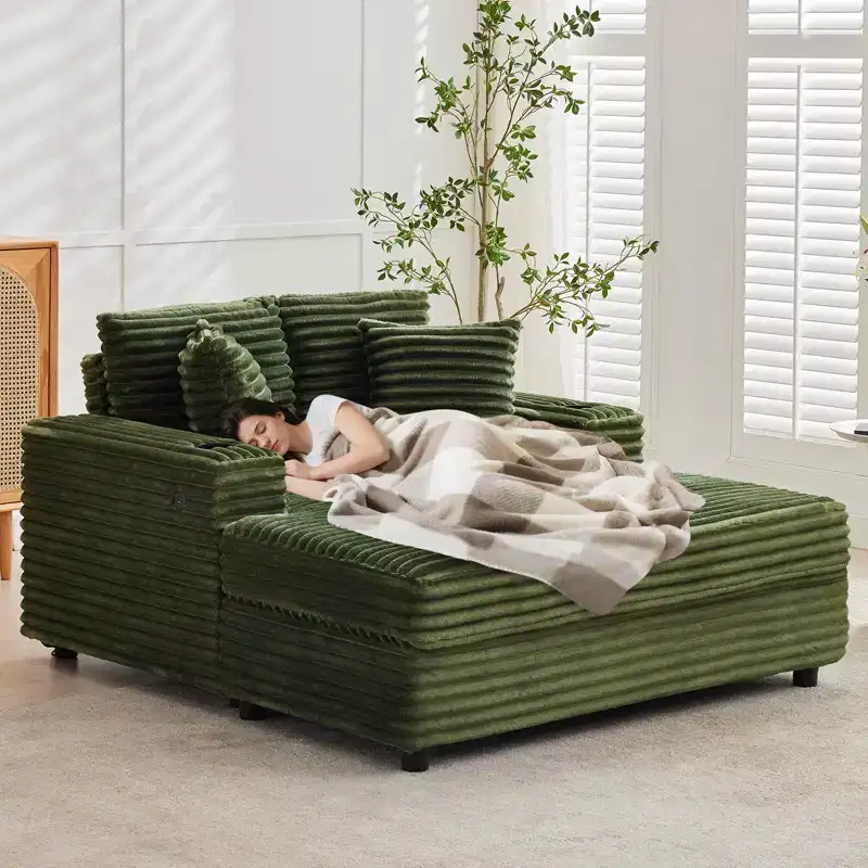 54 Oversized Chaise Lounge Chair, Upholstered Sleeper Sofa Bed with Cup Holder, Corduroy Comfy Sofa Couch for Living Room Bedroom, Green