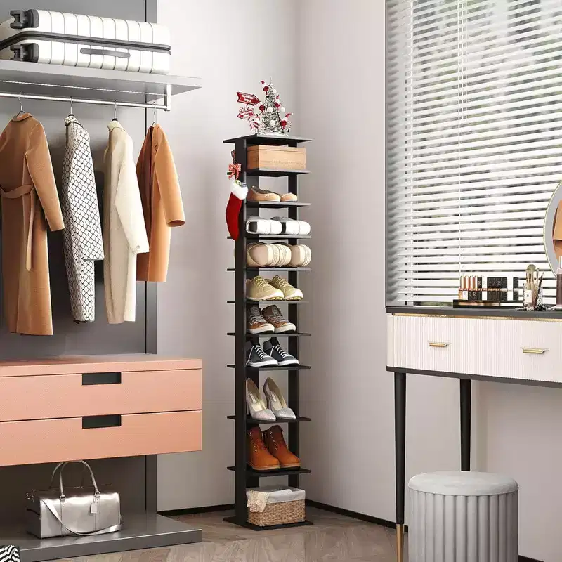 62'' Tall 10-Tier Slim Shoe Rack with Side Hooks for Entryway, Bedroom & Closet, Holds 10-20 Pairs