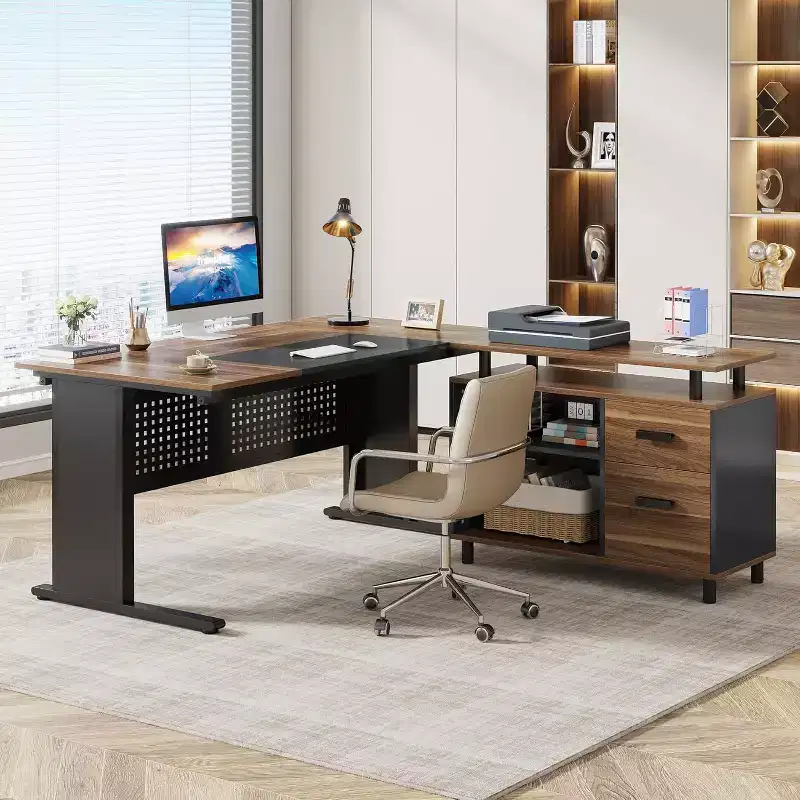63 Inch L-Shaped Executive Desk with File Cabinet and Drawers for Home Office, Brown and Black