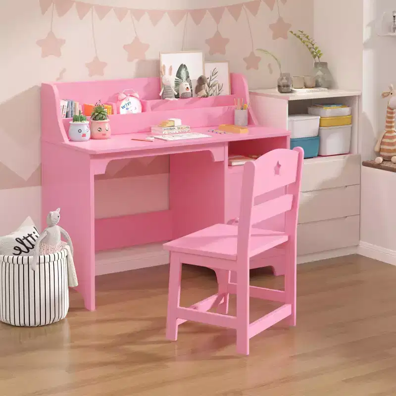 Wood Kids Desk and Chair Set with Storage Hutch, Student Computer Study Table Workstation with Cabinet & Bookshelf for Bedroom or Playroom