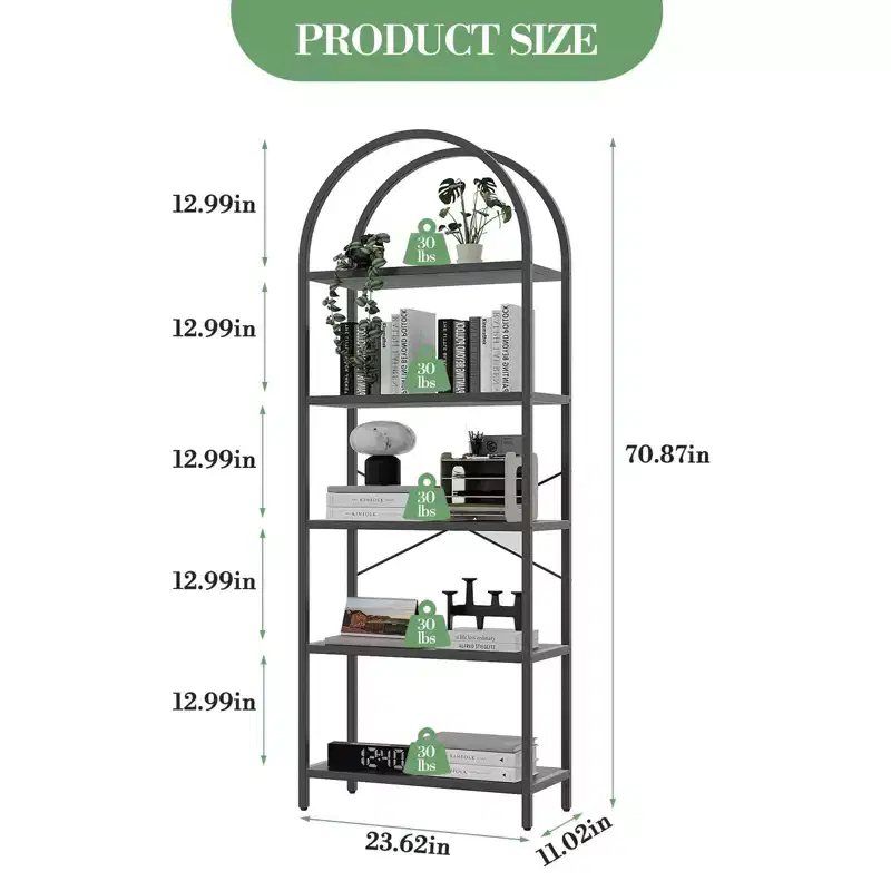 70.8 Tall 5 Tier Arched Bookcase, Tall Shelf for CDs/Books, Home Office Shelf Storage Organizer, Modern Book Shelf for Bedroom & Living
