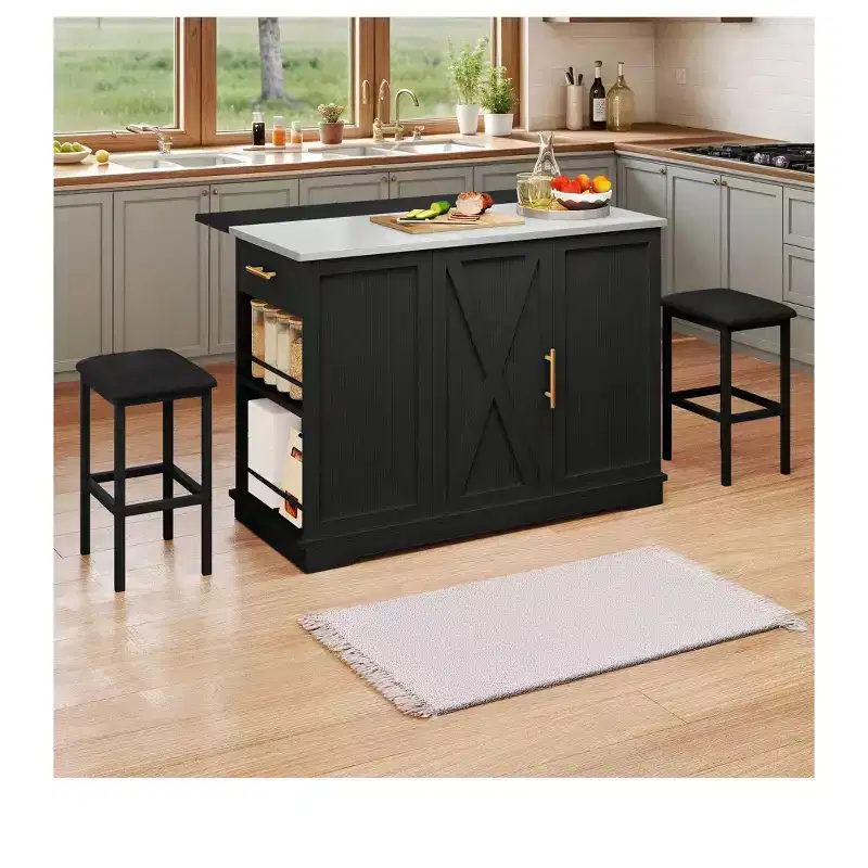 Rolling Kitchen Islands with Seating Trash Can Cabinet Drop Leaf Dining Table with 2 Stools, Rolling Dining Table with Power Outlet, Spice Rack