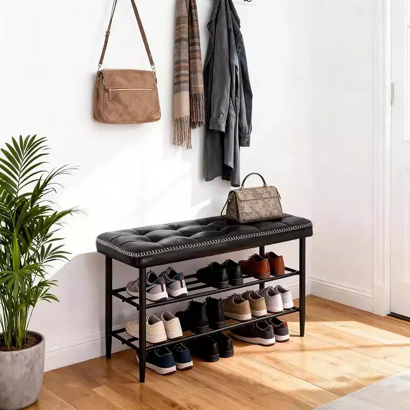 Mid-Century Modern 3-Tier Shoe Rack Bench with Cushion Storage Organizer 300 lb Capacity Seating Waxy Black Leather, Oil Wax Black