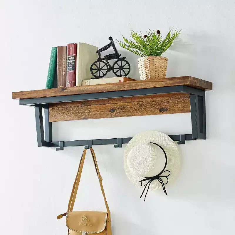 Dark Brown Wood & Black Metal Coat Hook Shelf – 5 Hooks, 1 Person