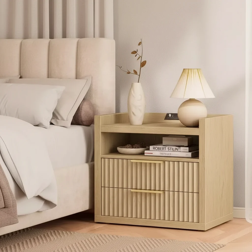 24 Inch Wide Fluted Nightstand With Charging Station 2 Drawers Open Storage Shelf Natural Wood Bedside Table Mid Century Modern End Table Bedroom
