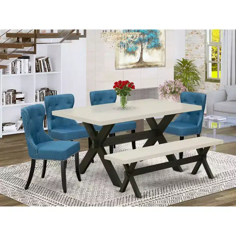 HomeStock Belmont 6-Piece Dining Table Set- 4 Dining Chairs with and Rectangular Top Dining Table and Dining Bench - Linen White and Black Finish