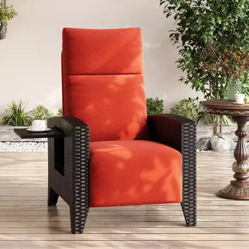 Outdoor Reclining Chair with Flip-Up Side Table,Patio Chair with Independent Backrest & Footrest Adjustments