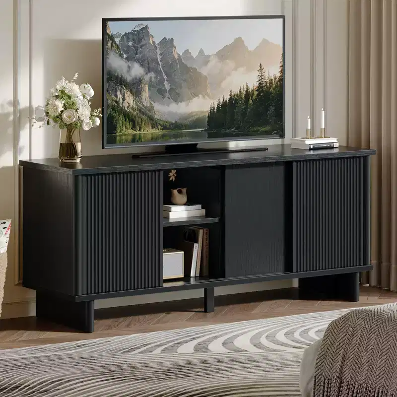 58 Inch Mid-Century TV Cabinet with Sliding Doors for 45-65 Inch TVs
