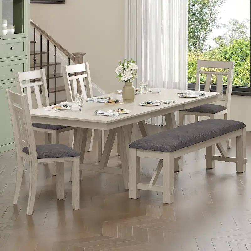 Extendable Dining Table Set with Bench and Chairs, Solid Wood
