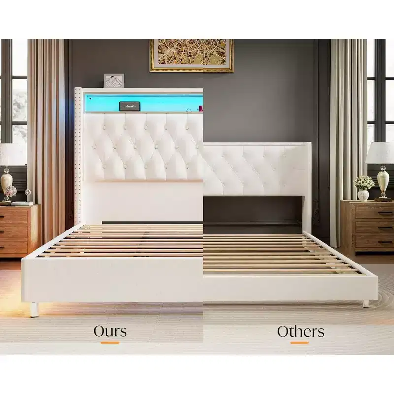 AMERLIFE LED Queen Bed Frame with 53.2 Storage Headboard,USB Ports,No Box Spring Needed,Begie
