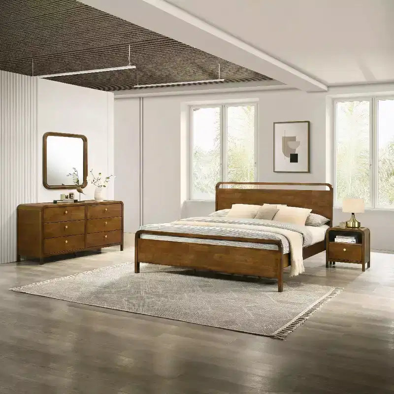 Roundhill Furniture Eldren Wood Bedroom Set, Platform Bed with Dresser, Mirror, and Nightstand in Walnut Finish