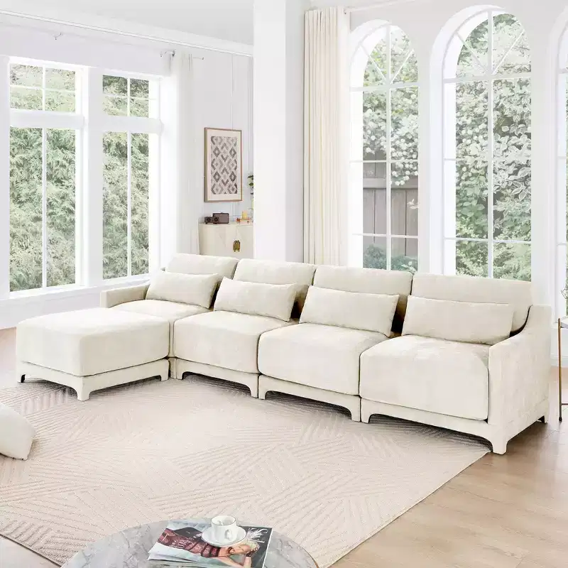 4-Seater Chenille Fabric Beige Sofa with 1 Movable Ottoman High Resilient Sponge Easy Install