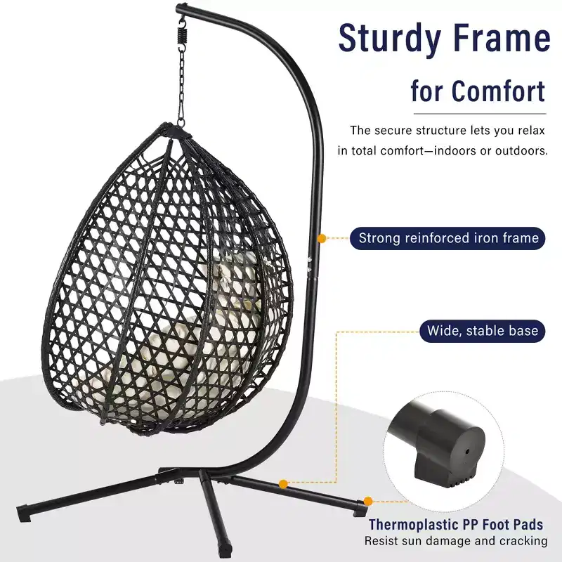 GDFStudio Anderson Hanging Egg Rattan Chair with Stand and Soft Removable Cushion