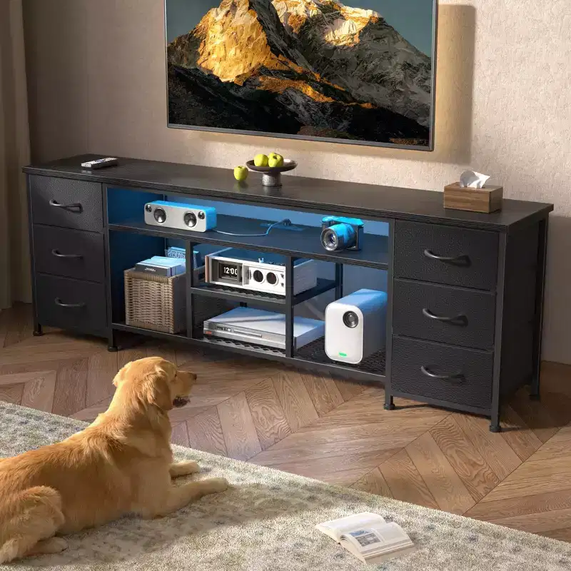 71 Inch Black TV Stand Dresser with Charging Station LED Lights 6 Fabric Drawers PU Leather Media Console for TVs up to 80 Inch Bedroom Storage