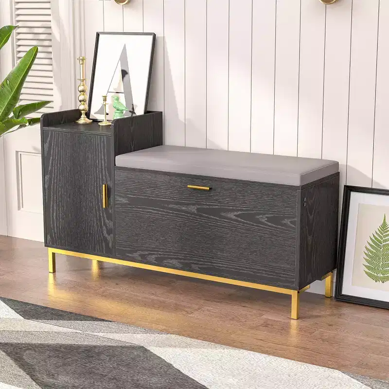 Storage Bench, 2-Tier Flip Drawers for Entryway Shoe Rack Organizer, Removable Seat Cushion