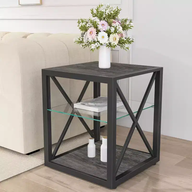 Okak Modern End Table with Metal Frame, Industrial Side Table with Tempered Glass Shelf, Couch Table for Living Room, Bedroom