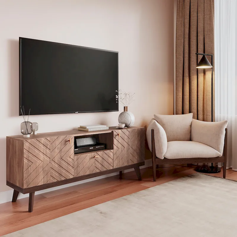 Mid-Century Modern TV Stand Console with Drawer, Beige, Fits TVs up to 65 in, Wood Legs