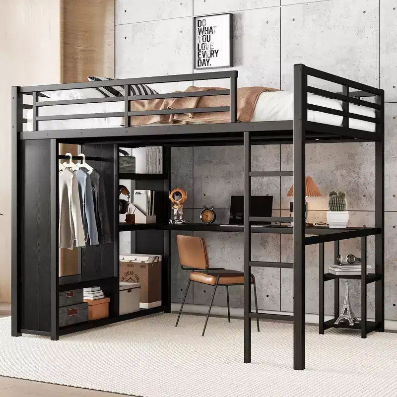 Bellemave Queen Size Metal Loft Bed with Desk and Wardrobe, Storage Shelves and Guardrails, Black