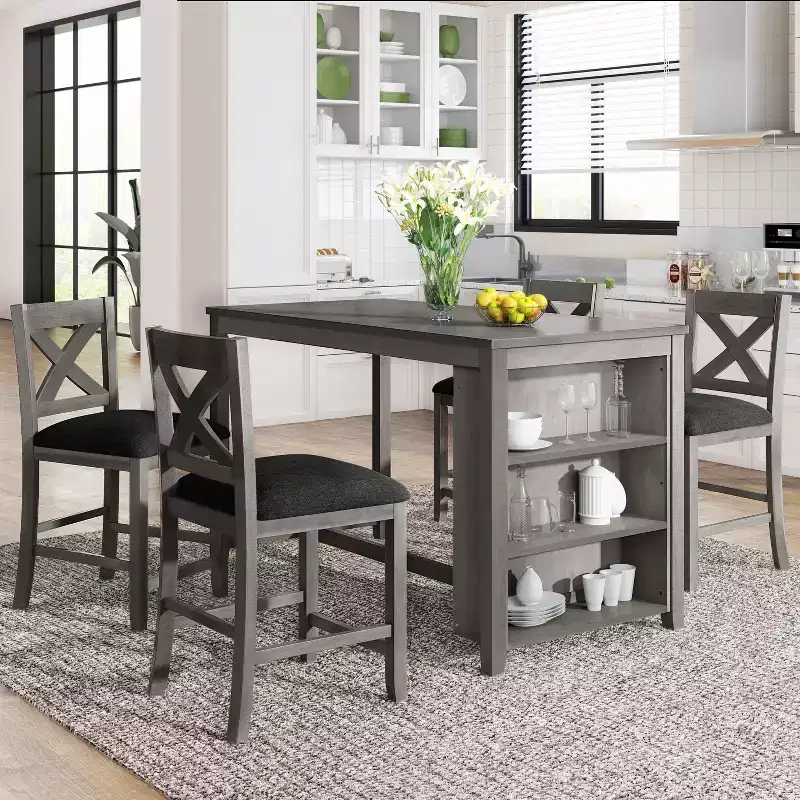 5 Pieces Counter Height Dining Table Set for 4, Rustic Farmhouse Wooden Bar Table Set with 4 Chairs for Dining Room