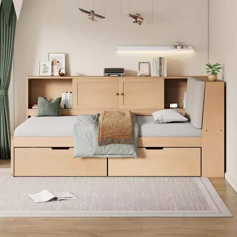 Wooden L-Shaped Daybed with Upholstered Storage Headboard, USB Charging Ports & Storage Bookcase