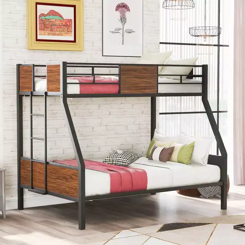 Twin over Full Metal Bunk Bed with Wood Grain – Safety Rail for Kids & Adults, Brown